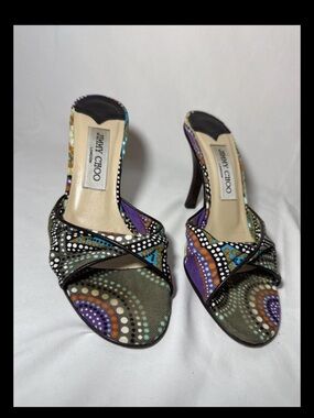 Vintage Jimmy Choo Printed Canvas Green Polka Slide Heel Mule Multicolor